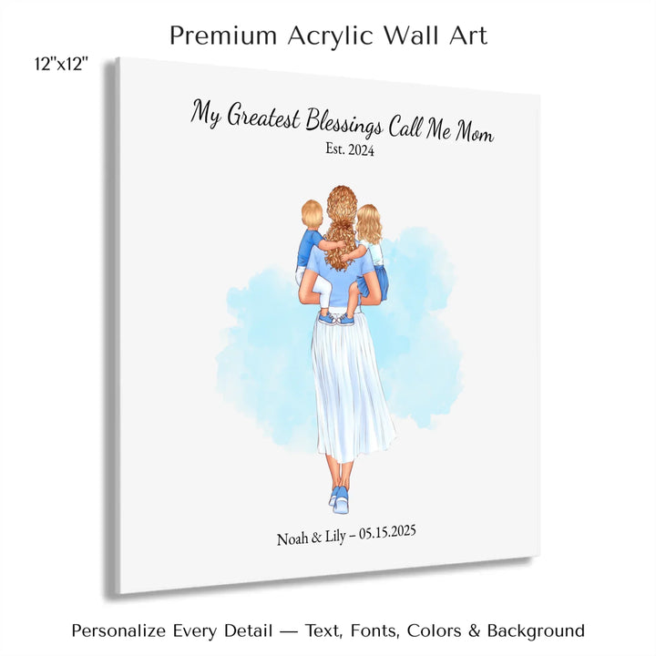 Illustrated custom portrait of mother holding baby, watercolor-style background, personalized names and date included - 12x12 acrylic print with french cleat-ARTFULANE