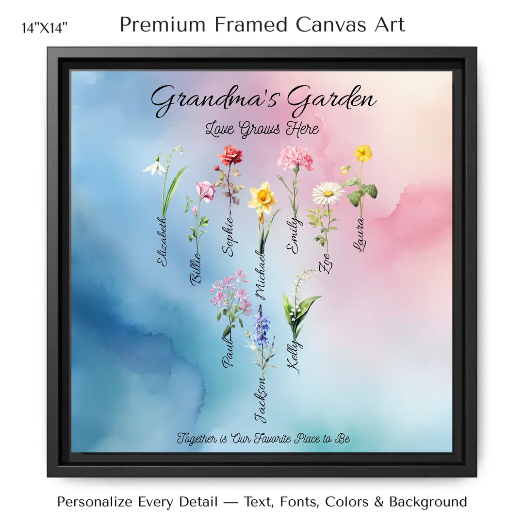 Personalized birth month flower art print with custom names, watercolor floral design, and optional title or quote – perfect gift for mom, grandma, or family - 14x14 framed canvas-ARTFULANE