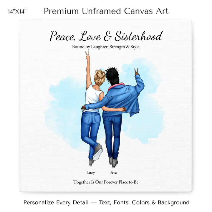 Personalized wall art of 2 best friends from behind, wearing denim and making peace signs – custom portrait illustration -14x14 stretched canvas-ARTFULANE