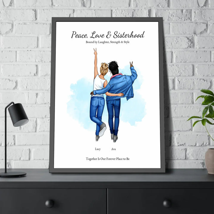Personalized wall art of 2 best friends from behind, wearing denim and making peace signs – custom portrait illustration - 28x40 framed poster on table-ARTFULANE