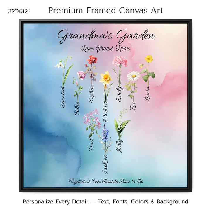 Personalized birth month flower art print with custom names, watercolor floral design, and optional title or quote – perfect gift for mom, grandma, or family - 32x32 framed canvas-ARTFULANE