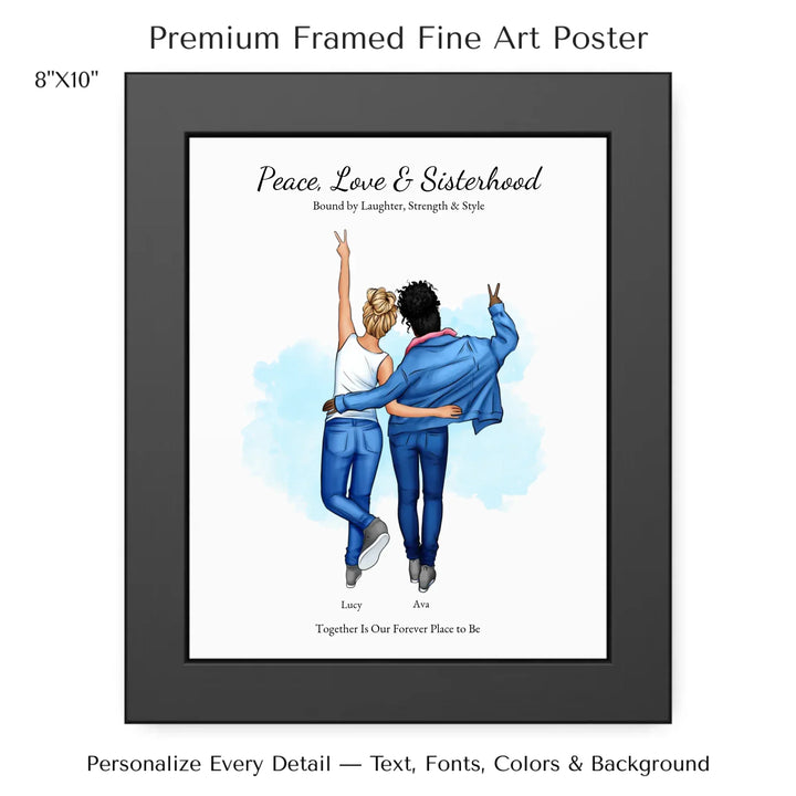 Personalized wall art of 2 best friends from behind, wearing denim and making peace signs – custom portrait illustration -8x10 framed poster-ARTFULANE