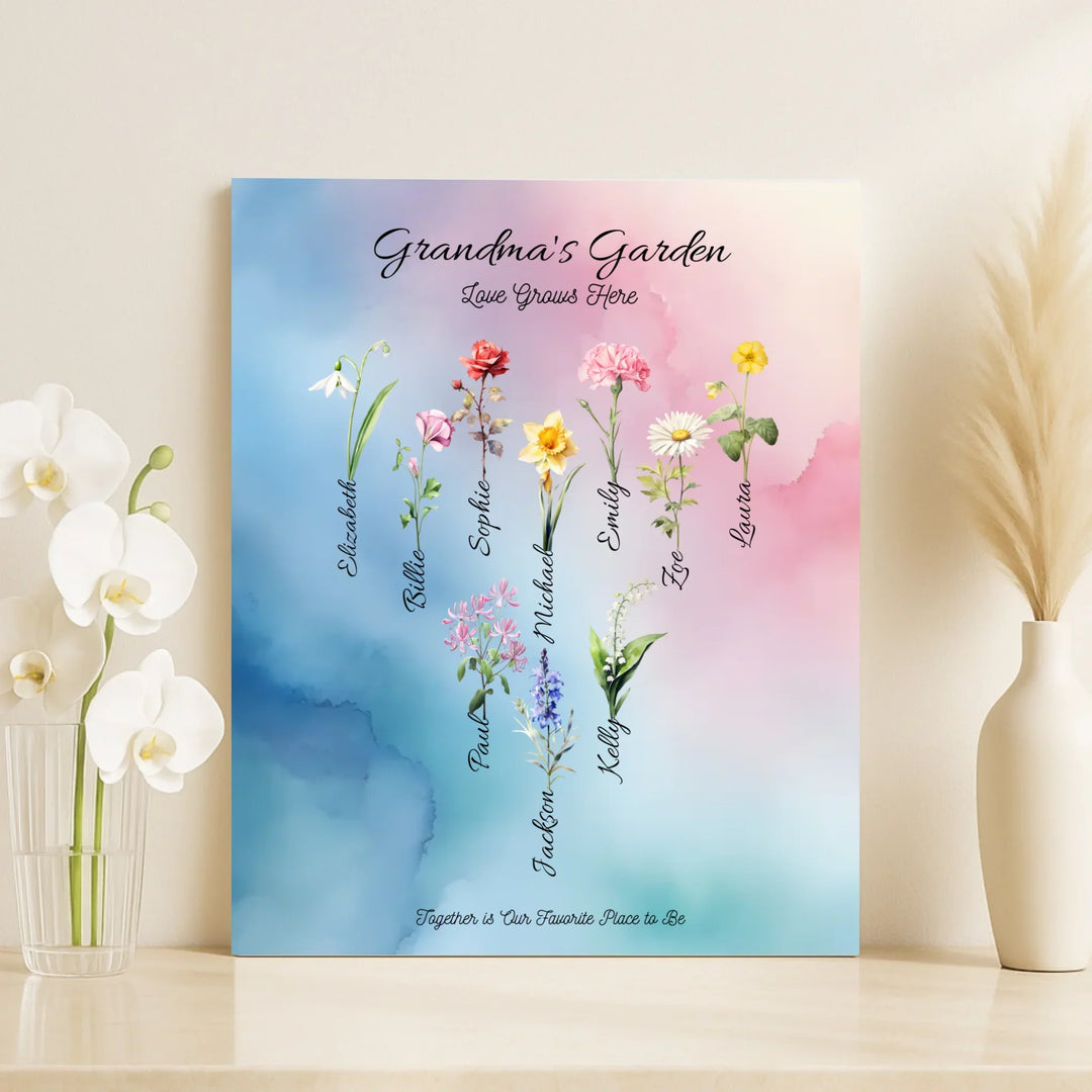 Personalized birth month flower art print with custom names, watercolor floral design, and optional title or quote – perfect gift for mom, grandma, or family - vertical unframed canvas-ARTFULANE