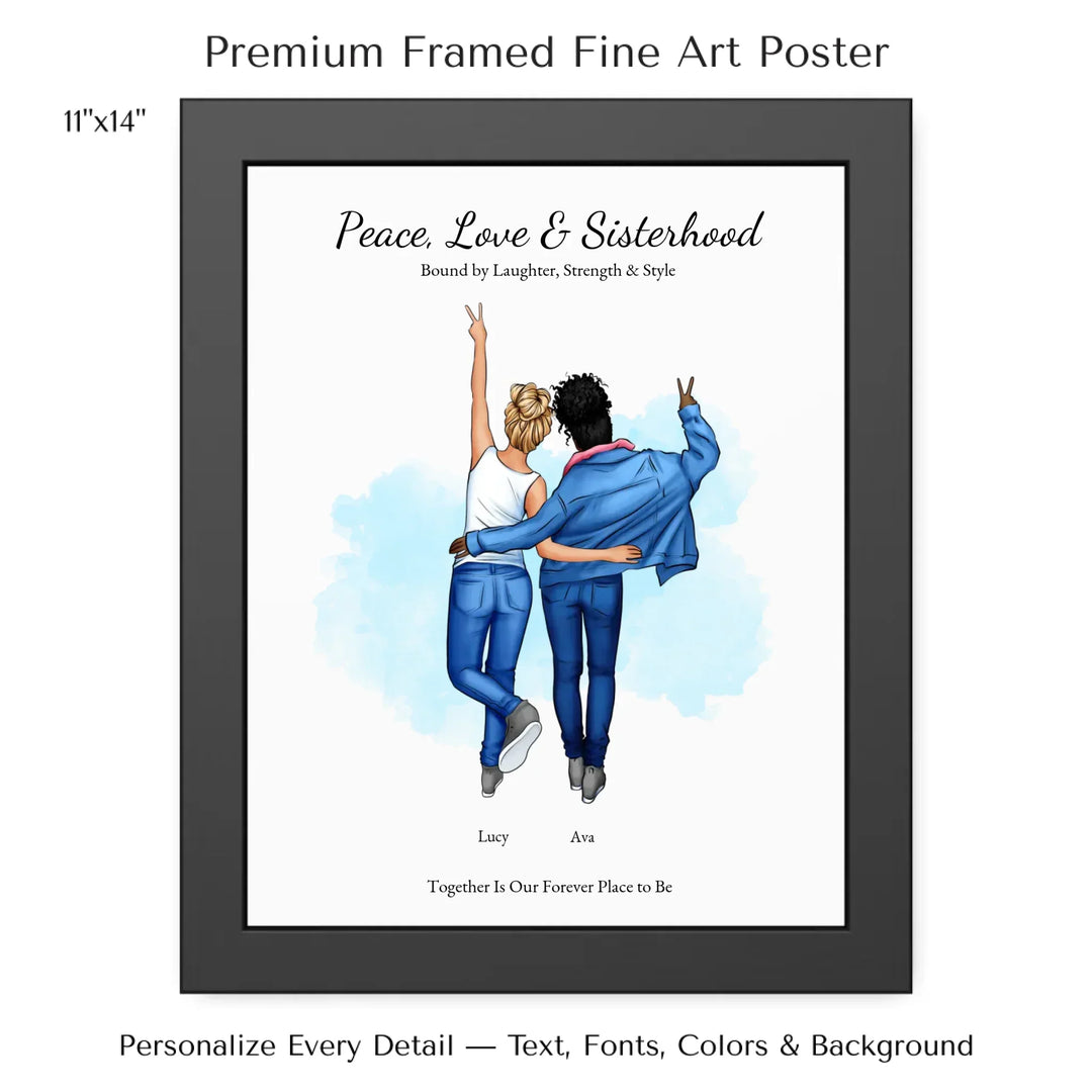 Personalized wall art of 2 best friends from behind, wearing denim and making peace signs – custom portrait illustration -11x14 framed poster-ARTFULANE