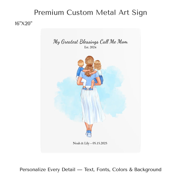 Illustrated custom portrait of mother holding baby, watercolor-style background, personalized names and date included - 16x20 metal art sign-ARTFULANE