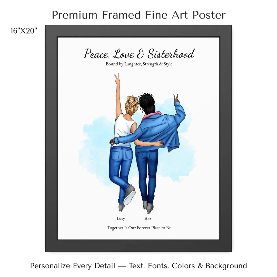 Personalized wall art of 2 best friends from behind, wearing denim and making peace signs – custom portrait illustration -16x20 framed poster-ARTFULANE