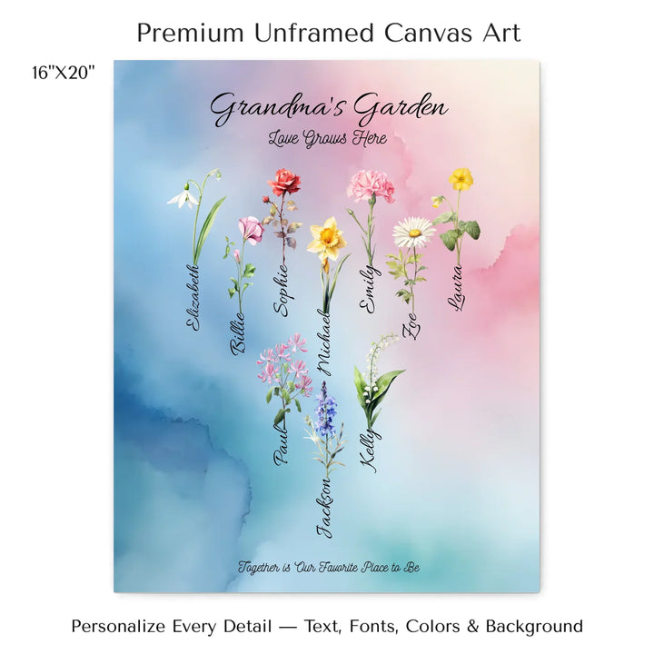 Personalized birth month flower art print with custom names, watercolor floral design, and optional title or quote – perfect gift for mom, grandma, or family - 16x20 stretched canvas-ARTFULANE