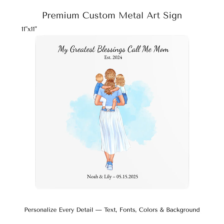 Illustrated custom portrait of mother holding baby, watercolor-style background, personalized names and date included - 11x11 metal art sign-ARTFULANE