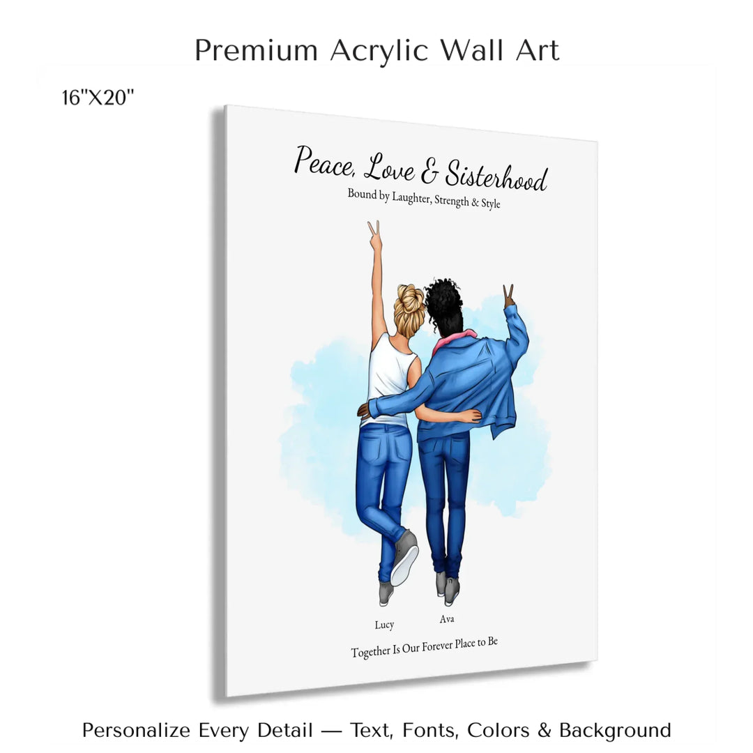 Personalized wall art of 2 best friends from behind, wearing denim and making peace signs – custom portrait illustration -16x20 acrylic print with french cleat-ARTFULANE
