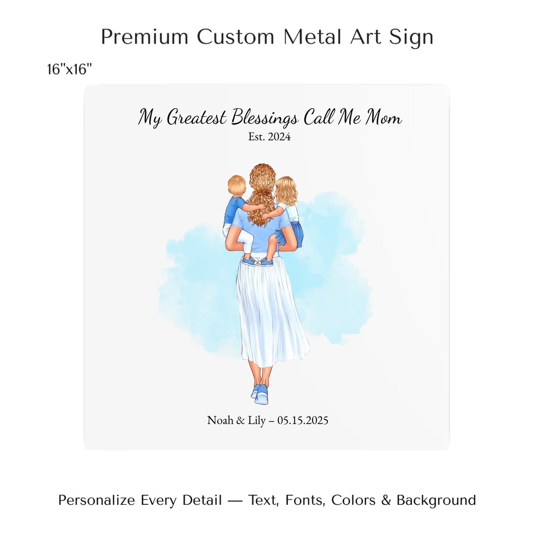 Illustrated custom portrait of mother holding baby, watercolor-style background, personalized names and date included - 16x16 metal art sign-ARTFULANE