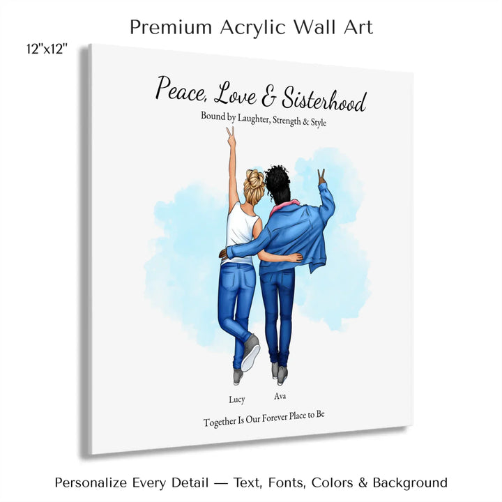 Personalized wall art of 2 best friends from behind, wearing denim and making peace signs – custom portrait illustration -12x12 acrylic print with french cleat-ARTFULANE