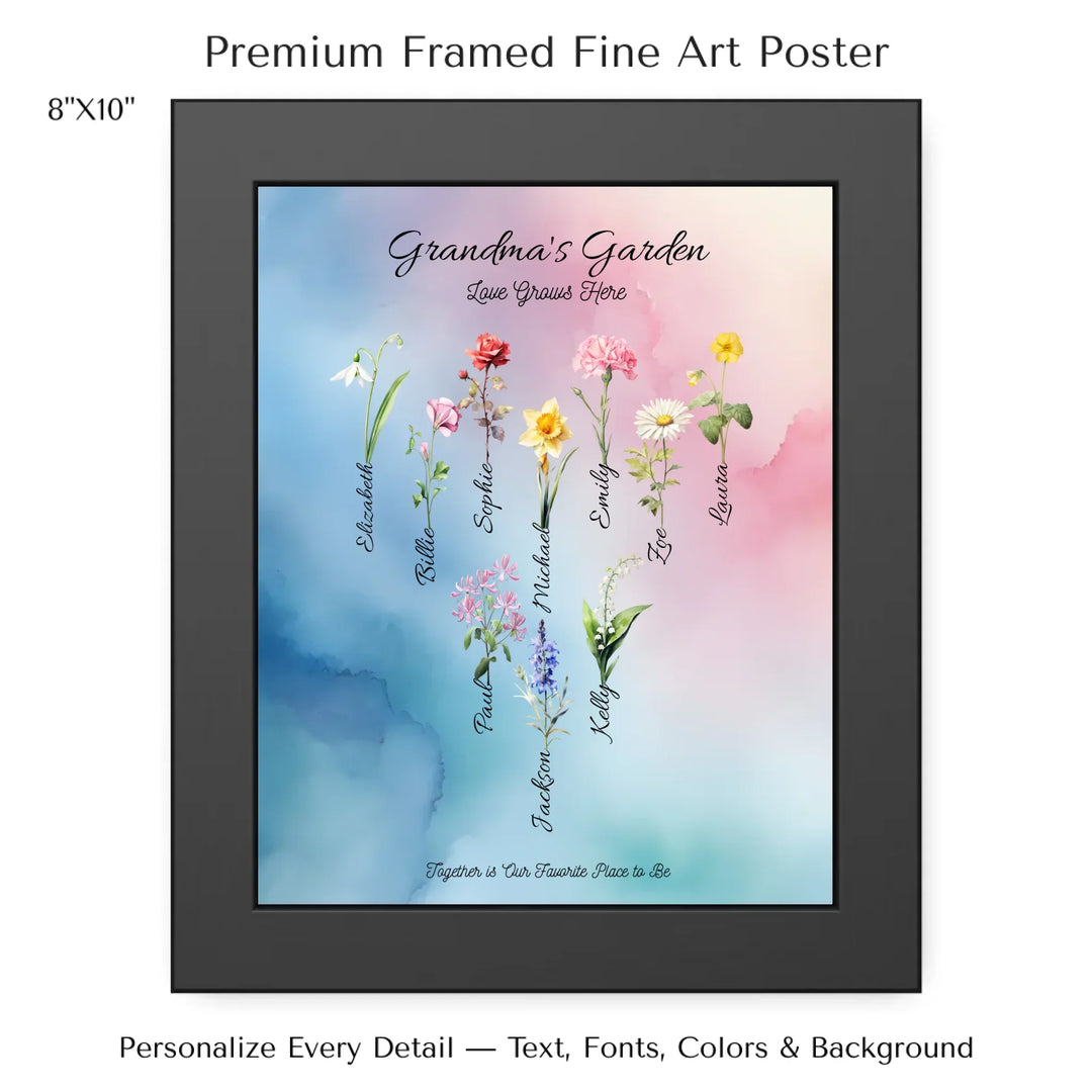 Personalized birth month flower art print with custom names, watercolor floral design, and optional title or quote – perfect gift for mom, grandma, or family - 8x10 framed poster-ARTFULANE
