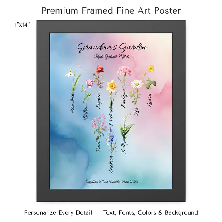 Personalized birth month flower art print with custom names, watercolor floral design, and optional title or quote – perfect gift for mom, grandma, or family - 11x14 framed poster-ARTFULANE