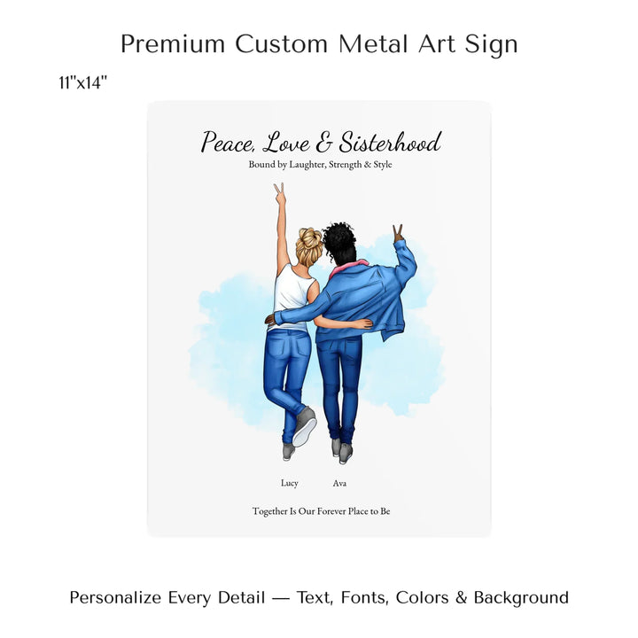 Personalized wall art of 2 best friends from behind, wearing denim and making peace signs – custom portrait illustration -11x14 metal art sign-ARTFULANE