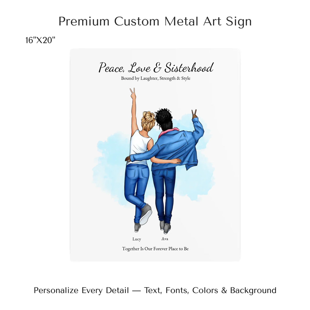 Personalized wall art of 2 best friends from behind, wearing denim and making peace signs – custom portrait illustration -16x20 metal art sign-ARTFULANE