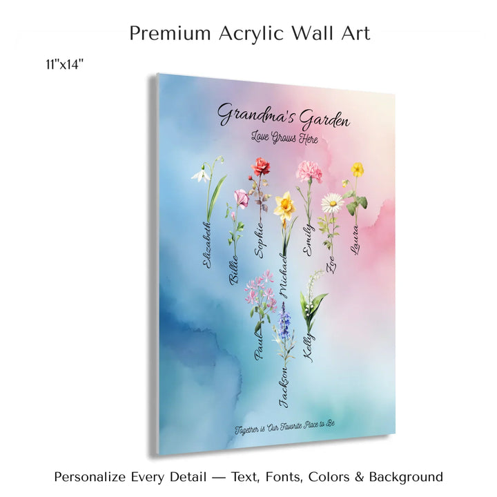 Personalized birth month flower art print with custom names, watercolor floral design, and optional title or quote – perfect gift for mom, grandma, or family - 11x14 acrylic print with french cleat-ARTFULANE