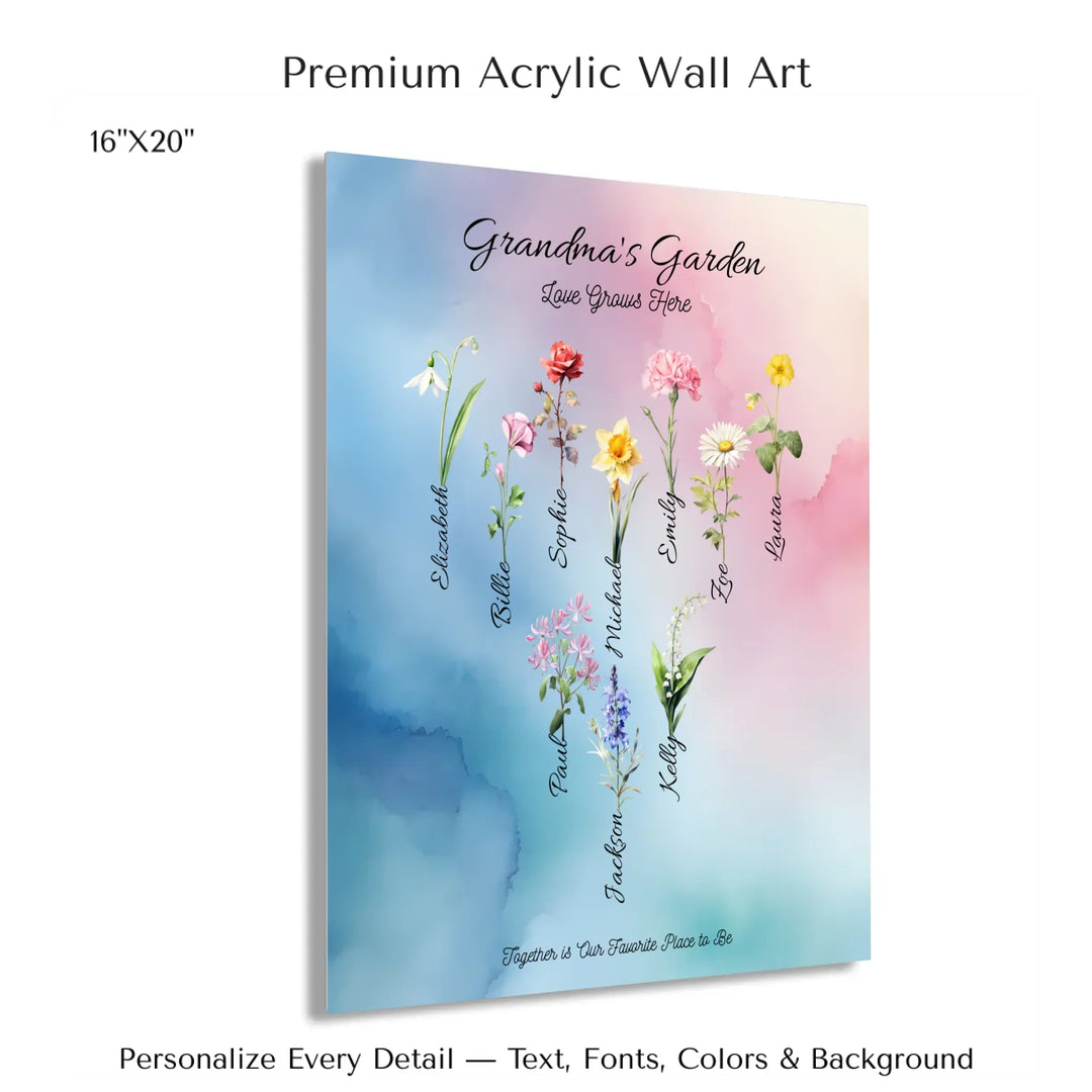 Personalized birth month flower art print with custom names, watercolor floral design, and optional title or quote – perfect gift for mom, grandma, or family - 16x20 acrylic print with french cleat-ARTFULANE