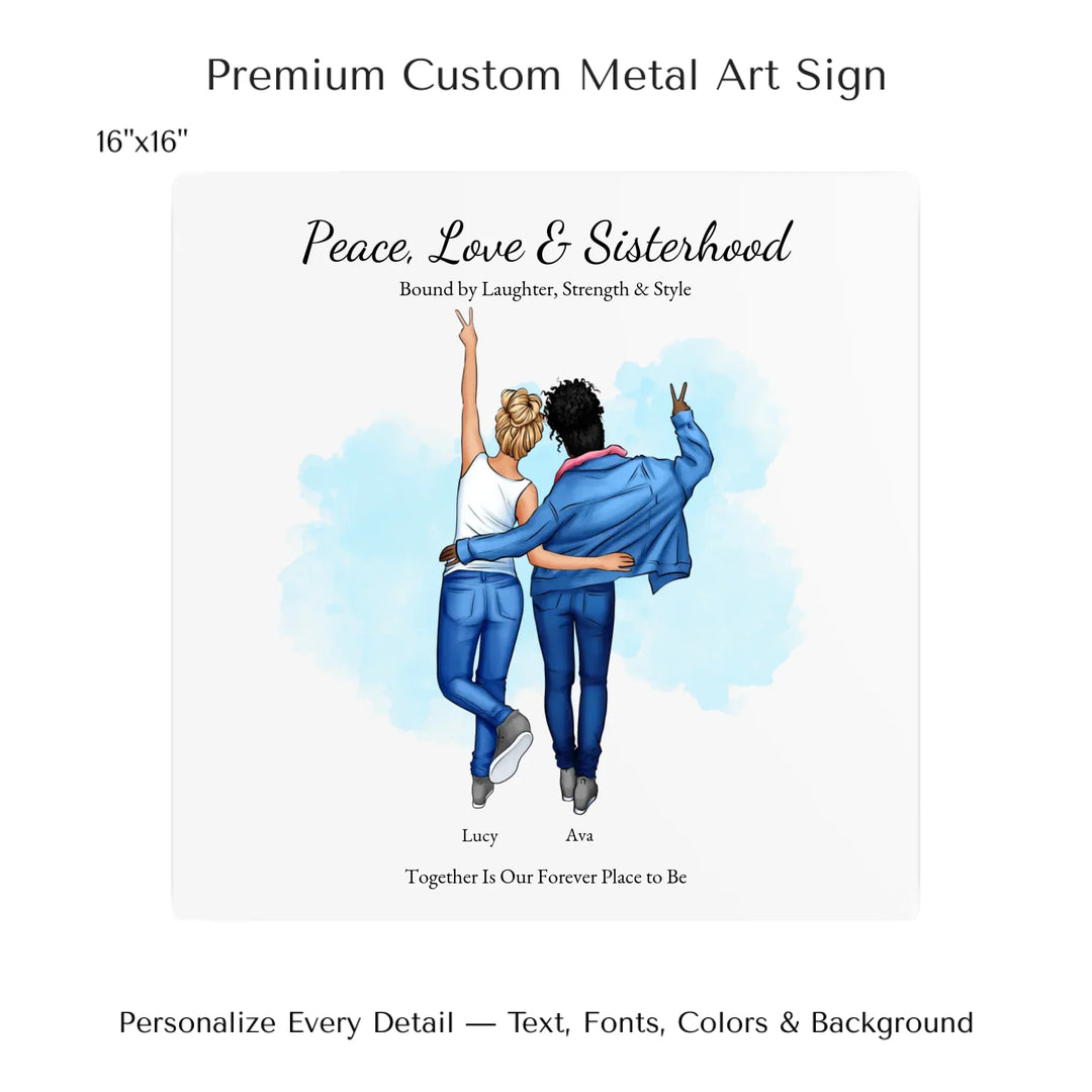 Personalized wall art of 2 best friends from behind, wearing denim and making peace signs – custom portrait illustration -16x16 metal art sign-ARTFULANE
