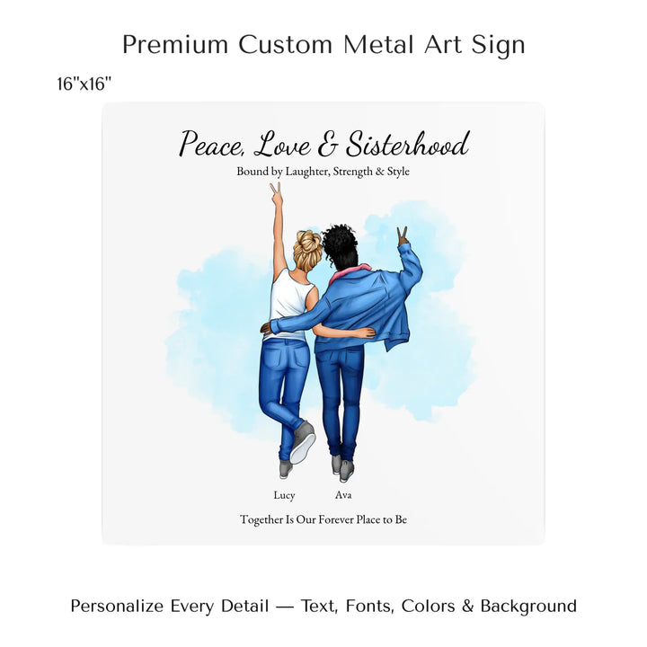 Personalized wall art of 2 best friends from behind, wearing denim and making peace signs – custom portrait illustration -16x16 metal art sign-ARTFULANE