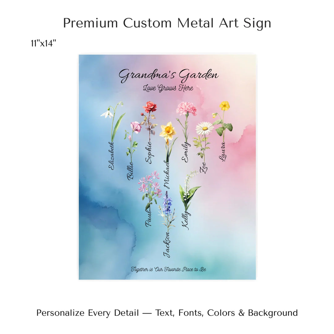 Personalized birth month flower art print with custom names, watercolor floral design, and optional title or quote – perfect gift for mom, grandma, or family - 11x14 metal art sign-ARTFULANE