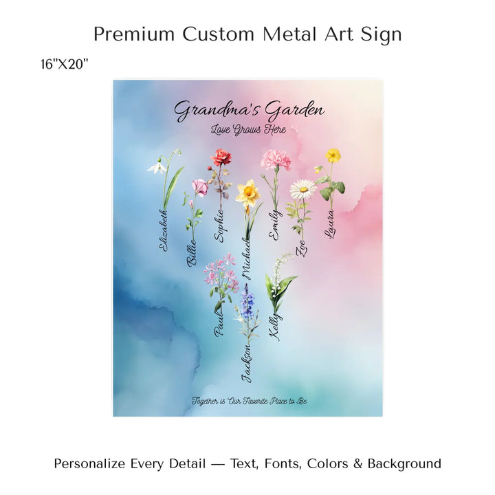 Personalized birth month flower art print with custom names, watercolor floral design, and optional title or quote – perfect gift for mom, grandma, or family - 16x20 metal art sign-ARTFULANE