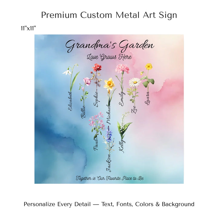 Personalized birth month flower art print with custom names, watercolor floral design, and optional title or quote – perfect gift for mom, grandma, or family - 11x11 metal art sign-ARTFULANE