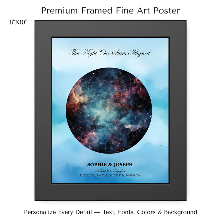 Personalized star map wall art with customizable night sky, background, names, date, location, and coordinates -8x10 framed poster-ARTFULANE