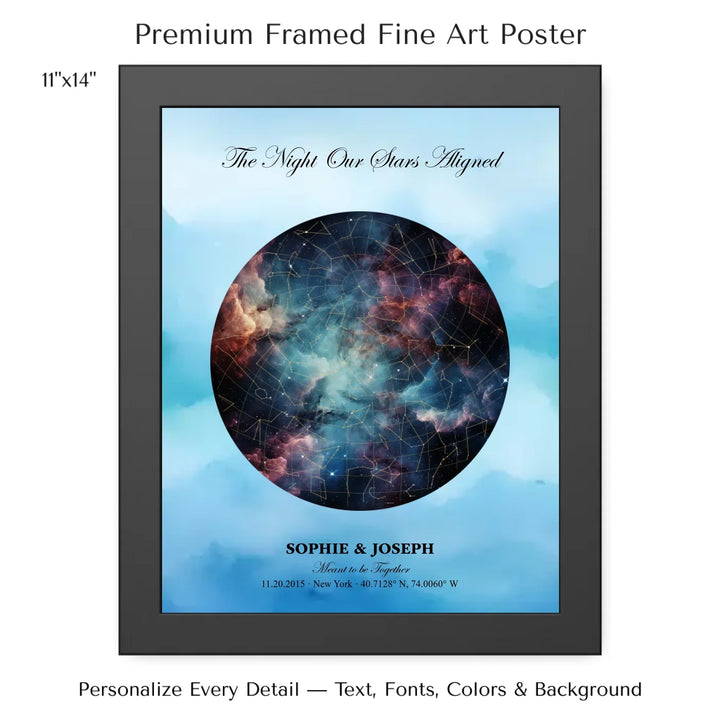 Personalized star map wall art with customizable night sky, background, names, date, location, and coordinates -11x14 framed poster-ARTFULANE