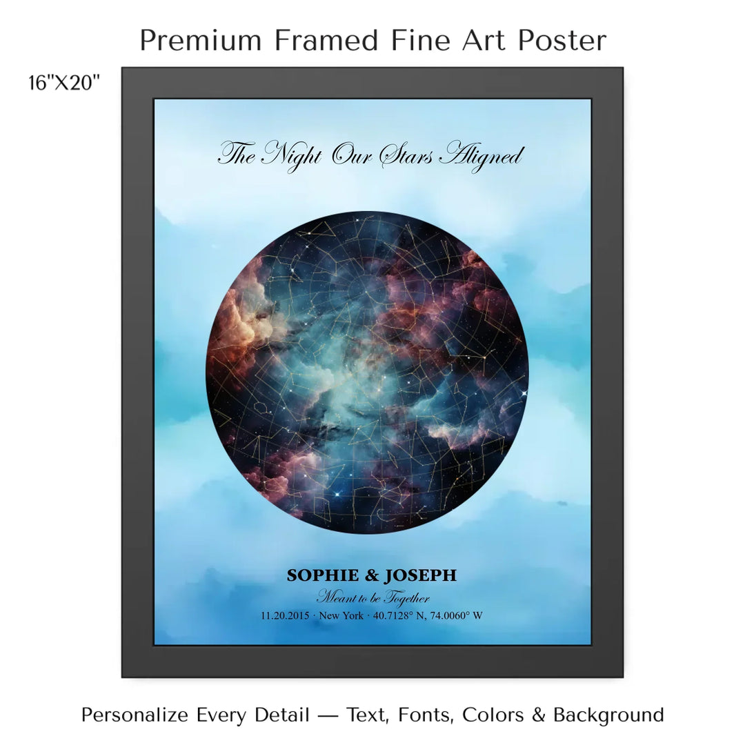 Personalized star map wall art with customizable night sky, background, names, date, location, and coordinates -16x20 framed poster-ARTFULANE