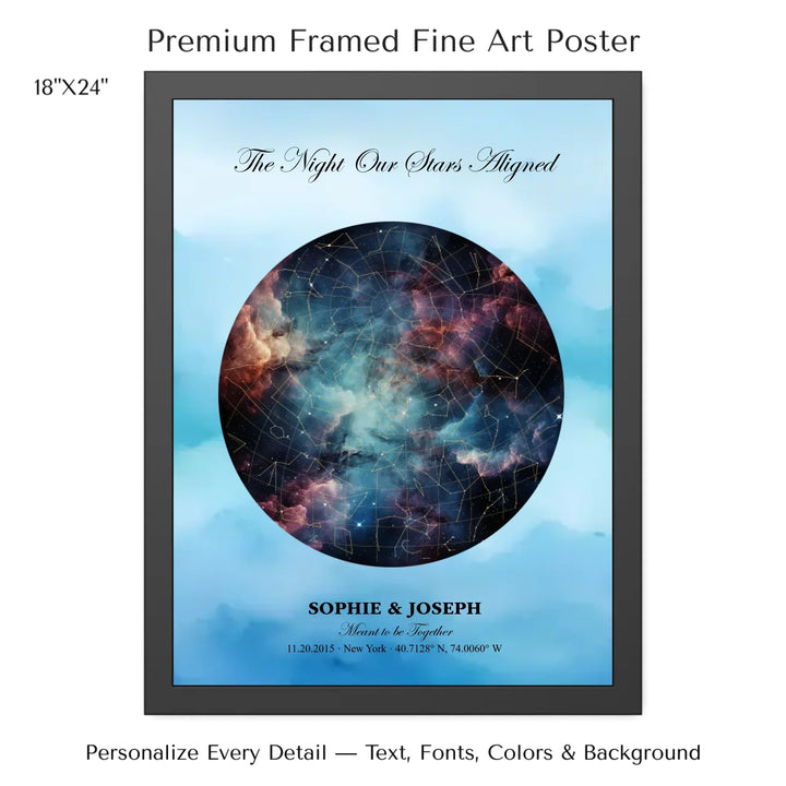 Personalized star map wall art with customizable night sky, background, names, date, location, and coordinates -18x24 framed poster-ARTFULANE