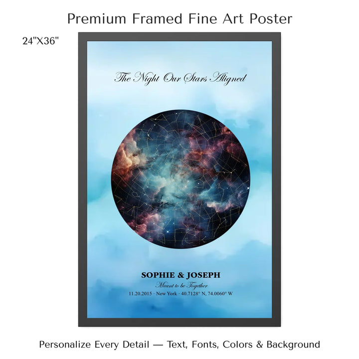 Personalized star map wall art with customizable night sky, background, names, date, location, and coordinates -24x36 framed poster-ARTFULANE