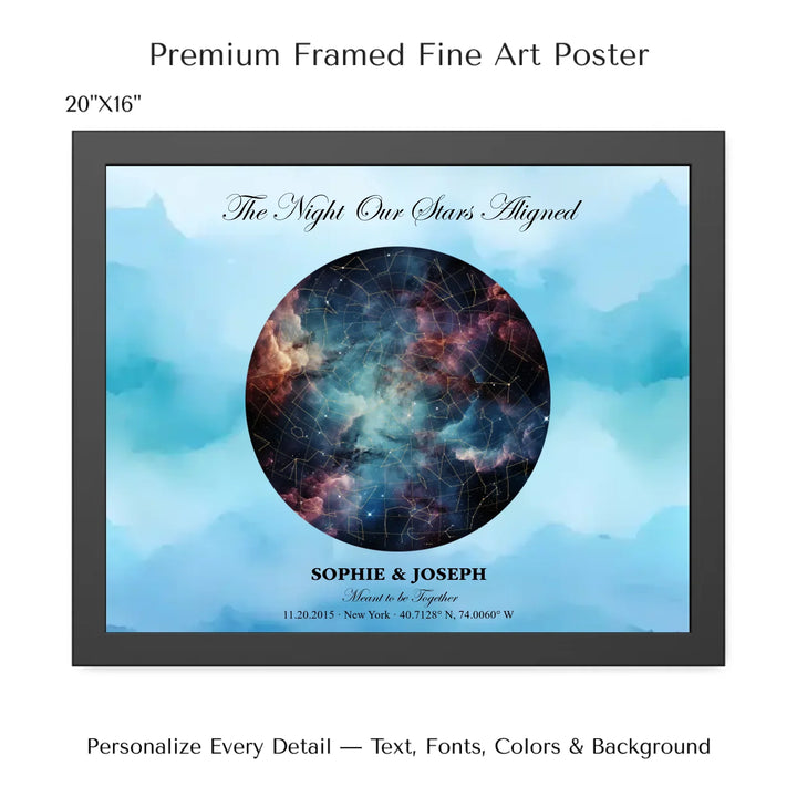 Personalized star map wall art with customizable night sky, background, names, date, location, and coordinates -20x16 framed poster-ARTFULANE