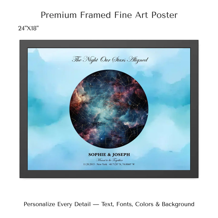 Personalized star map wall art with customizable night sky, background, names, date, location, and coordinates -24x18 framed poster-ARTFULANE