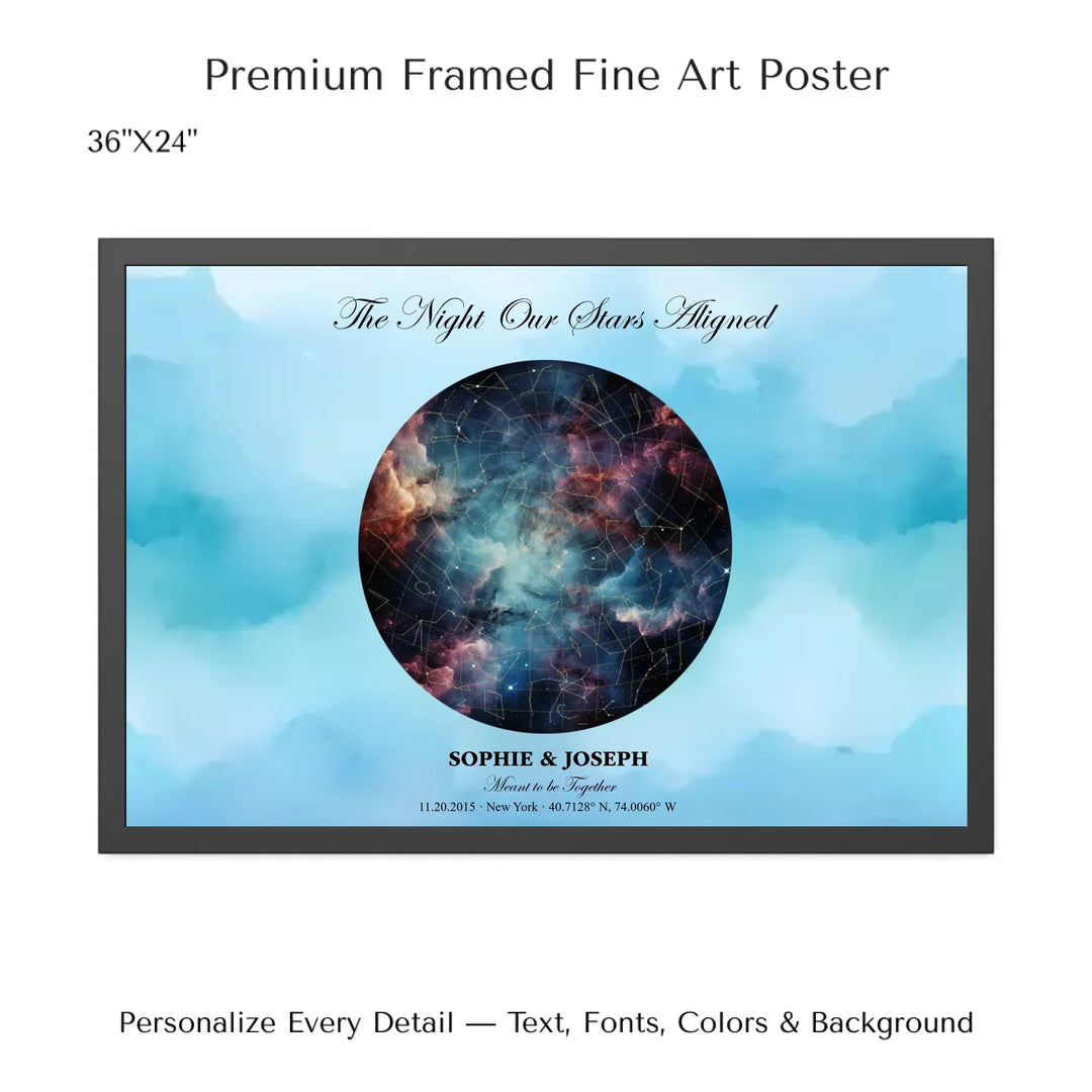 Personalized star map wall art with customizable night sky, background, names, date, location, and coordinates -36x24 framed poster-ARTFULANE