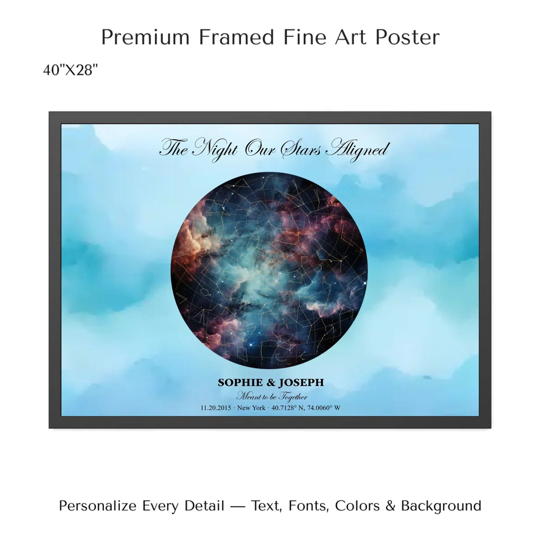 Personalized star map wall art with customizable night sky, background, names, date, location, and coordinates -40x28 framed poster-ARTFULANE