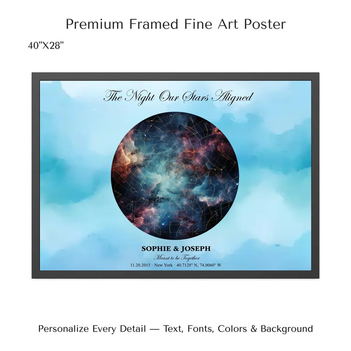 Personalized star map wall art with customizable night sky, background, names, date, location, and coordinates -40x28 framed poster-ARTFULANE