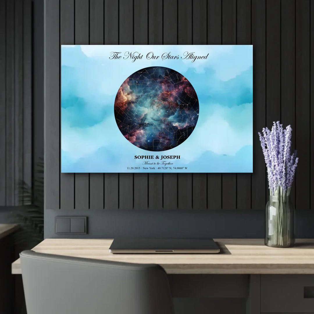 Personalized star map wall art with customizable night sky, background, names, date, location, and coordinates -36x24 acrylic print with french cleat on wall-ARTFULANE