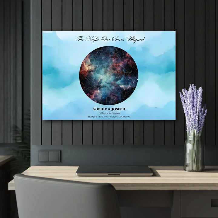 Personalized star map wall art with customizable night sky, background, names, date, location, and coordinates -36x24 acrylic print with french cleat on wall-ARTFULANE