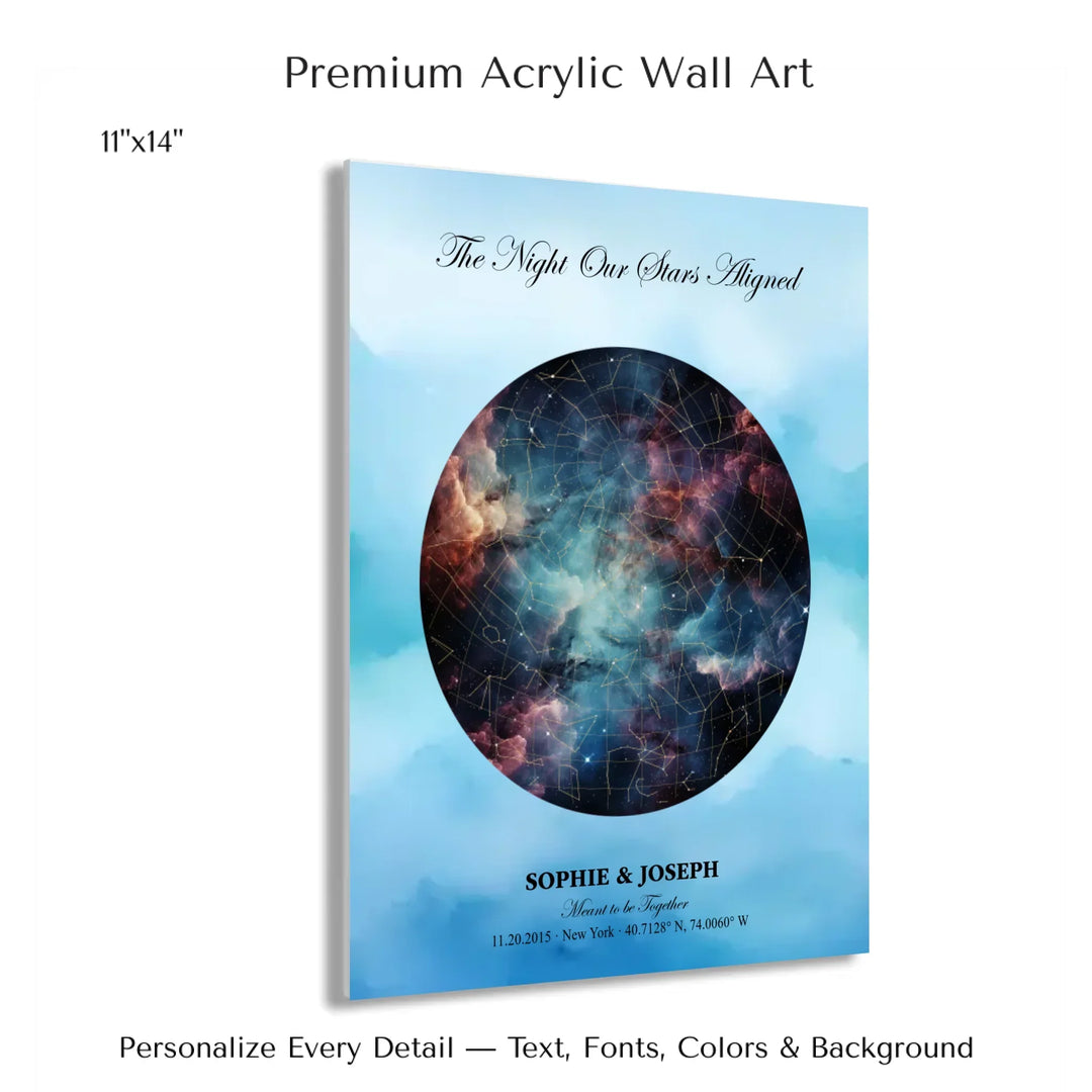 Personalized star map wall art with customizable night sky, background, names, date, location, and coordinates -11x14 acrylic print with french cleat-ARTFULANE