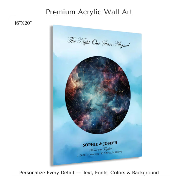 Personalized star map wall art with customizable night sky, background, names, date, location, and coordinates -16x20 acrylic print with french cleat-ARTFULANE
