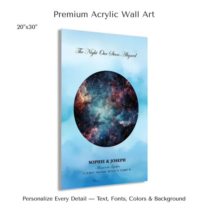 Personalized star map wall art with customizable night sky, background, names, date, location, and coordinates -20x30 acrylic print with french cleat-ARTFULANE