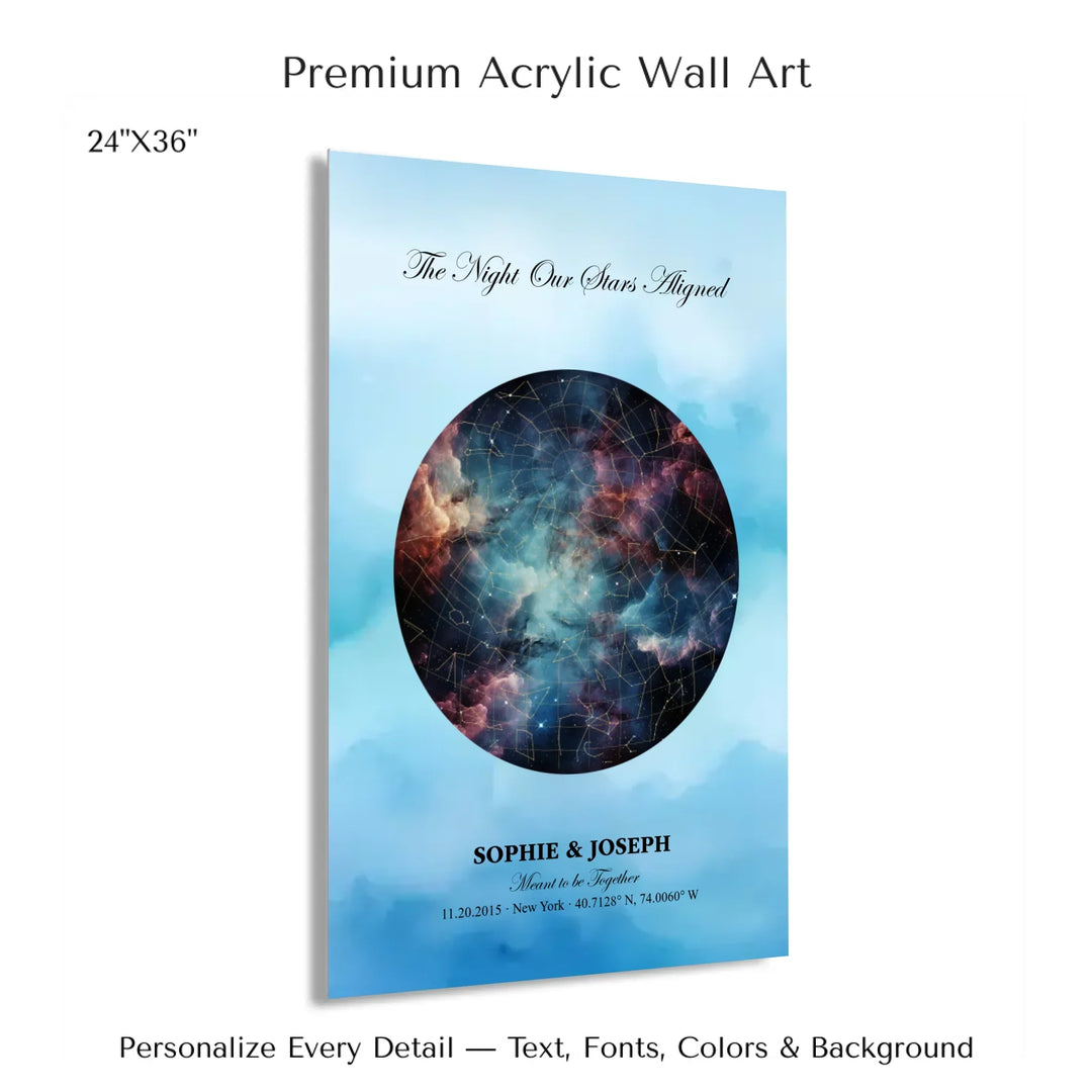 Personalized star map wall art with customizable night sky, background, names, date, location, and coordinates -24x36 acrylic print with french cleat-ARTFULANE