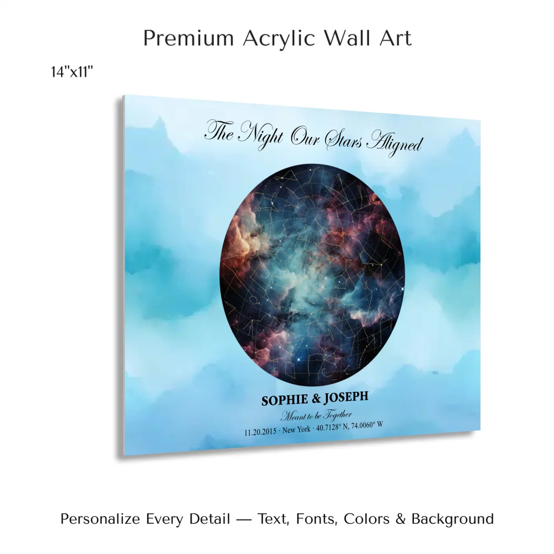 Personalized star map wall art with customizable night sky, background, names, date, location, and coordinates -14x11 acrylic print with french cleat-ARTFULANE