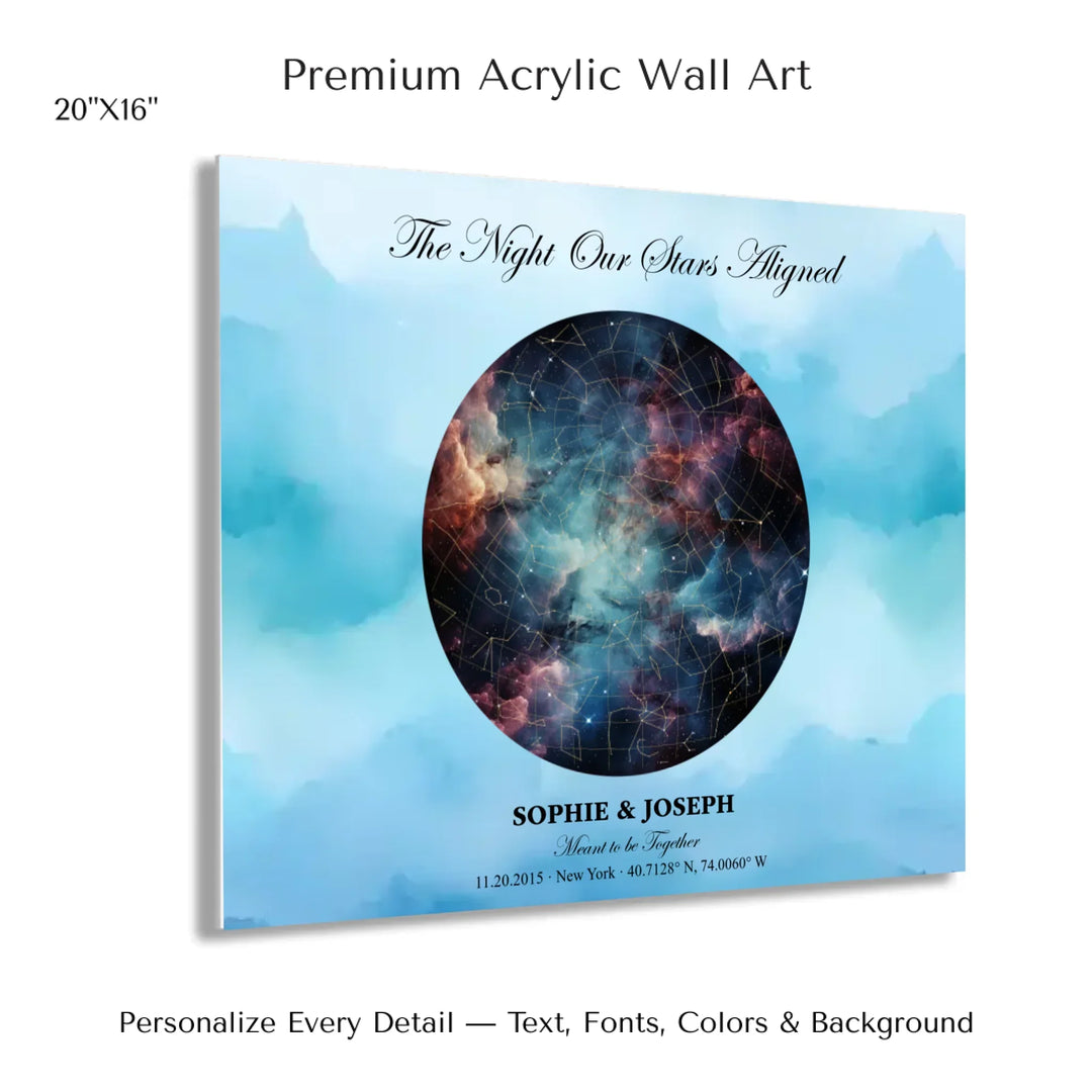 Personalized star map wall art with customizable night sky, background, names, date, location, and coordinates -20x16 acrylic print with french cleat-ARTFULANE