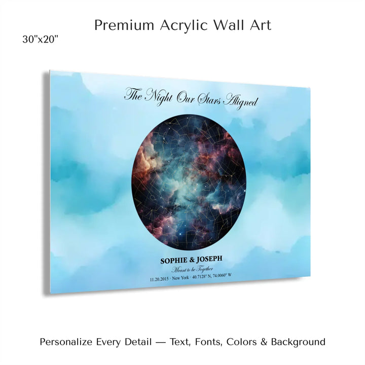 Personalized star map wall art with customizable night sky, background, names, date, location, and coordinates -30x20 acrylic print with french cleat-ARTFULANE
