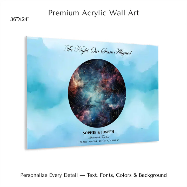 Personalized star map wall art with customizable night sky, background, names, date, location, and coordinates -36x24 acrylic print with french cleat-ARTFULANE
