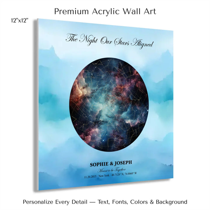 Personalized star map wall art with customizable night sky, background, names, date, location, and coordinates -12x12 acrylic print with french cleat-ARTFULANE