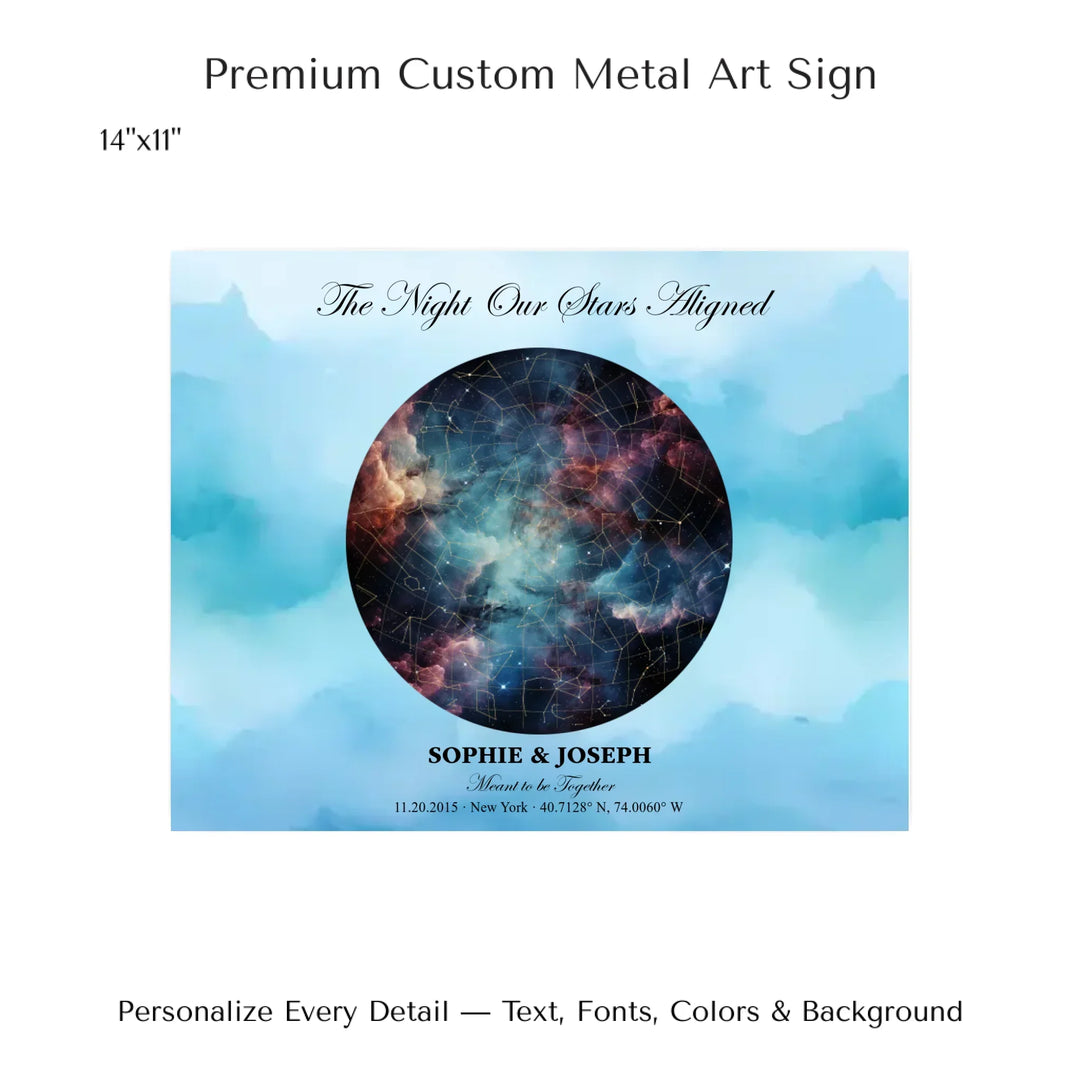 Personalized star map wall art with customizable night sky, background, names, date, location, and coordinates -14x11 metal art sign-ARTFULANE