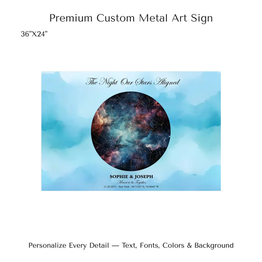 Personalized star map wall art with customizable night sky, background, names, date, location, and coordinates -36x24 metal art sign-ARTFULANE