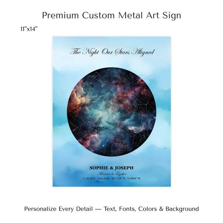 Personalized star map wall art with customizable night sky, background, names, date, location, and coordinates -11x14 metal art sign-ARTFULANE